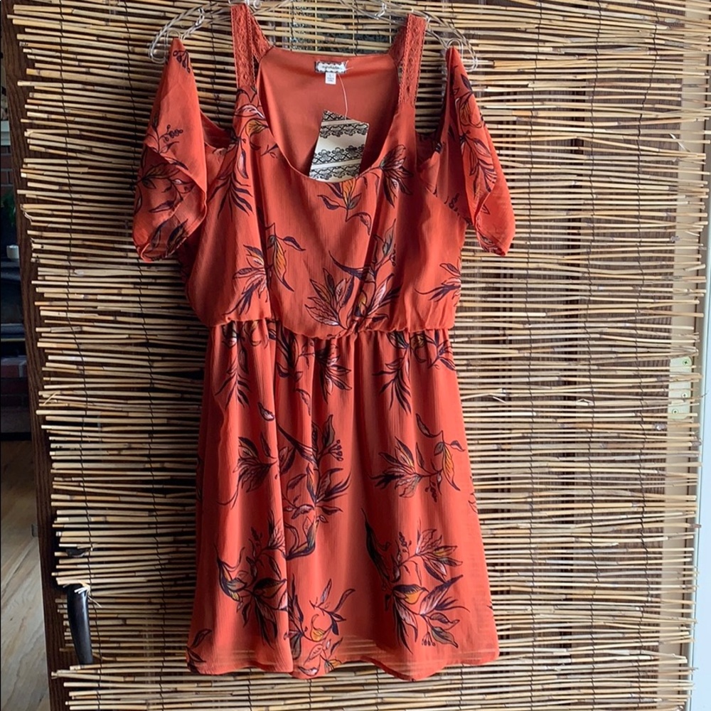 Eyeshadow Cold Shoulder Lined Sheer Mini Dress
